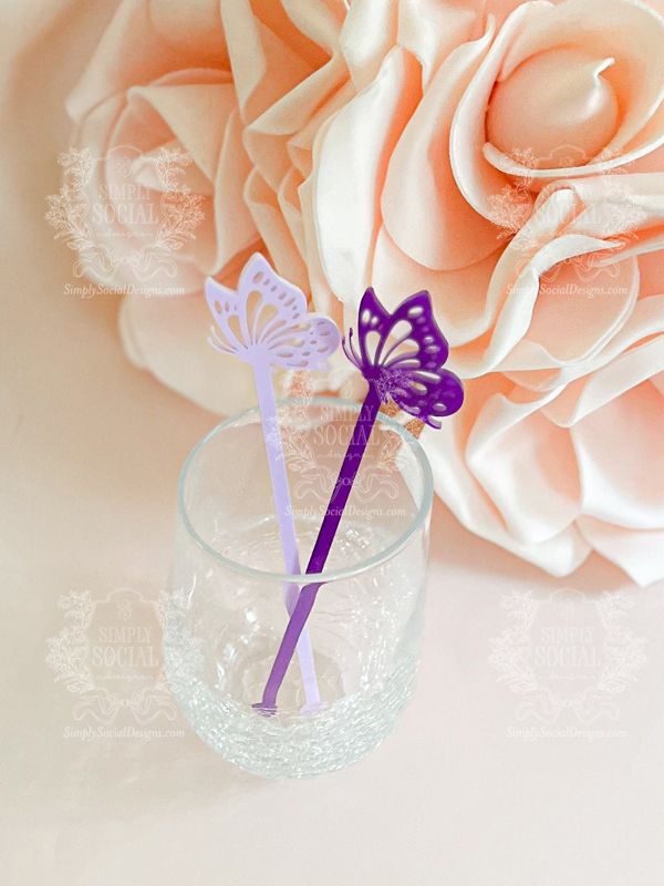 Butterfly drink stirrers for Girl baby shower - cocktail stirrers - acrylic stir sticks - swizzle stick - Butterfly birthday party (Set of 5 stirrers | Pastel Purple)
