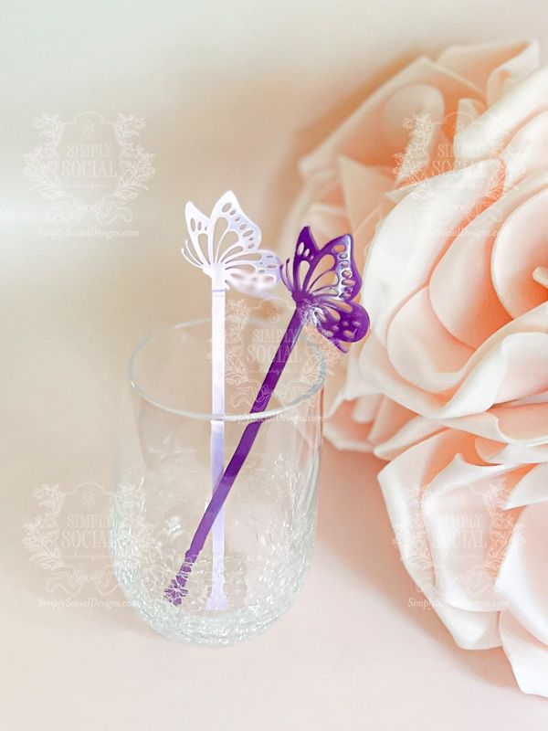 Butterfly drink stirrers for Girl baby shower - cocktail stirrers - acrylic stir sticks - swizzle stick - Butterfly birthday party (Set of 5 stirrers | Pastel Purple)
