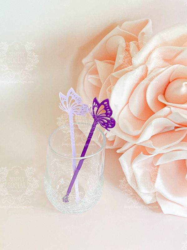 Butterfly drink stirrers for Girl baby shower - cocktail stirrers - acrylic stir sticks - swizzle stick - Butterfly birthday party (Set of 5 stirrers | Pastel Purple)