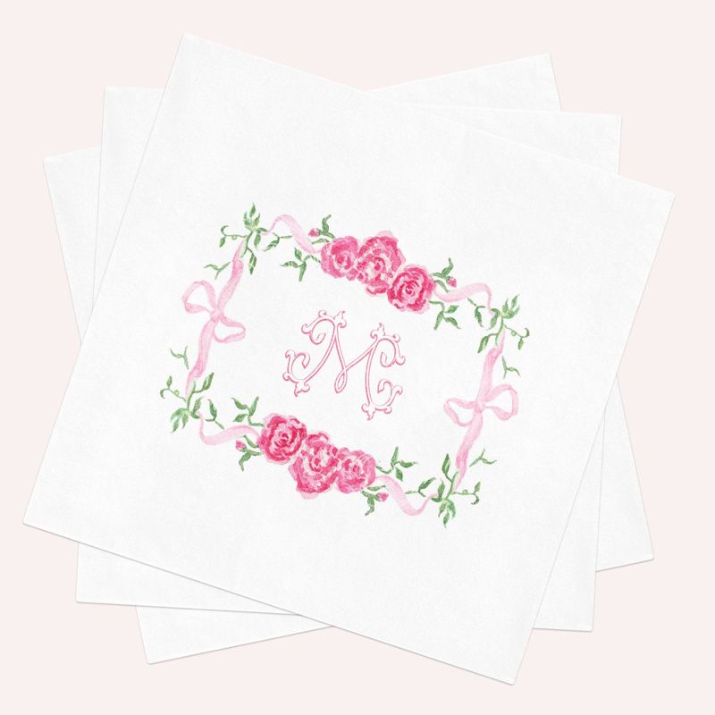 Custom Pink Bow Floral Napkins for Bridal Shower, Baby Girl Shower Cocktail Napkins, Party Decor, Floral Crest Personalized Baby Sprinkle (100 Napkins (minimum order) | Cocktail - 4.75 inch square)