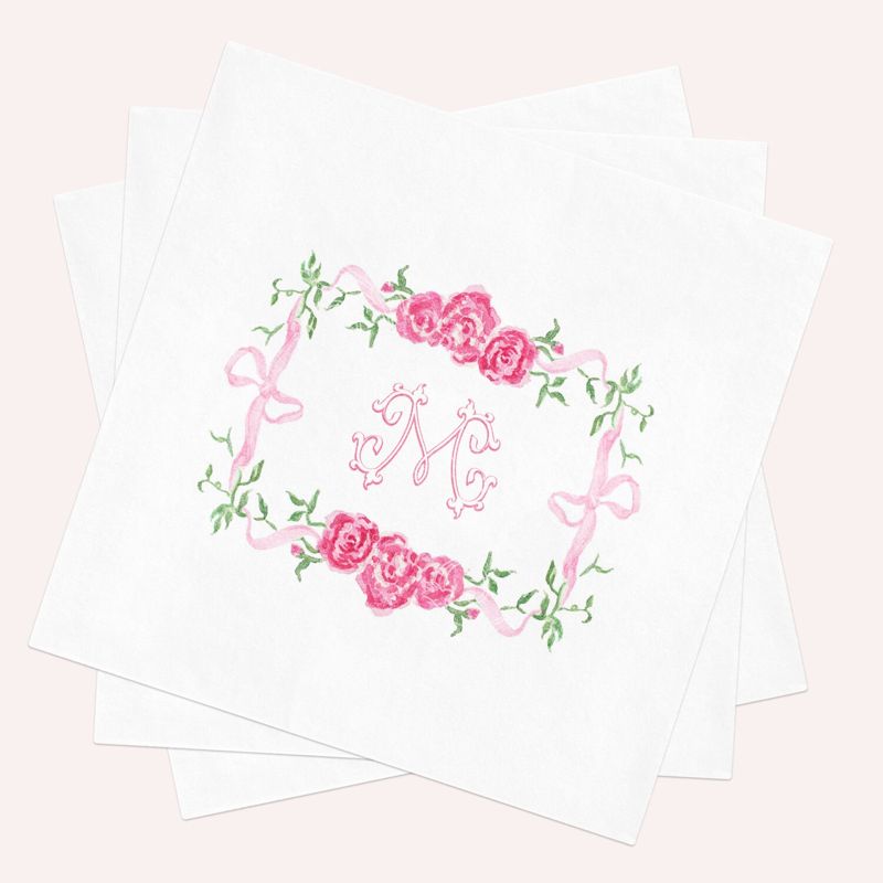 Custom Pink Bow Floral Napkins for Bridal Shower, Baby Girl Shower Cocktail Napkins, Party Decor, Floral Crest Personalized Baby Sprinkle (100 Napkins (minimum order) | Cocktail - 4.75 inch square)