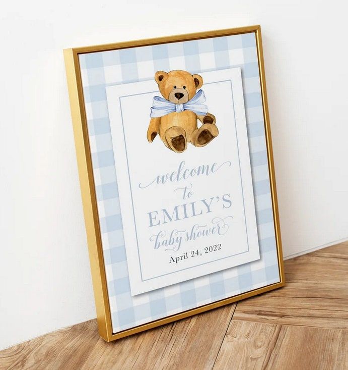 Teddy Bear Baby Shower Welcome Sign  Printed 18x24 - Baby Boy Sprinkle - Blue Gingham Classic Baby Boy Printed 18x24" Welcome Poster (18x24")