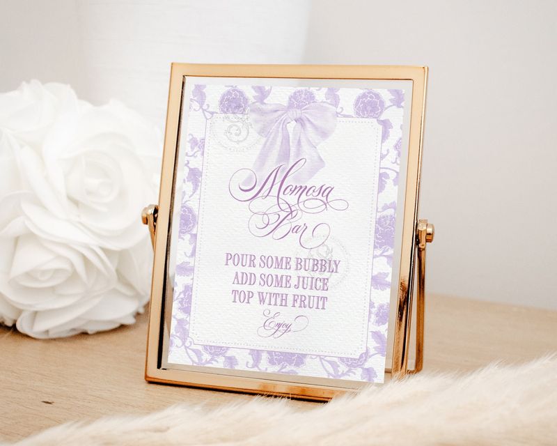Mom-osa Bar Sign for Girl Baby Shower Printable with Purple Bow - Printable 8x10 - Chinoiserie Toile Baby Sprinkle