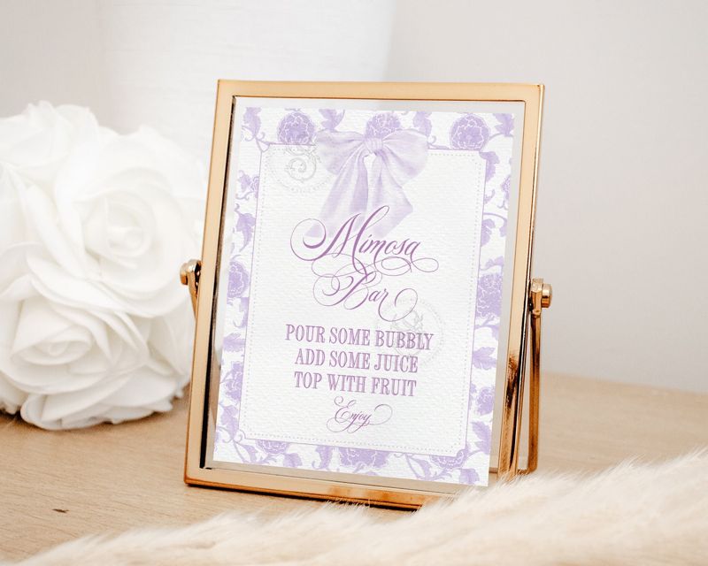 Mimosa Bar Sign for Girl Baby Shower Printable with Purple Bow - Printable 8x10 - Preppy Pink Watercolor Bow Baby Sprinkle