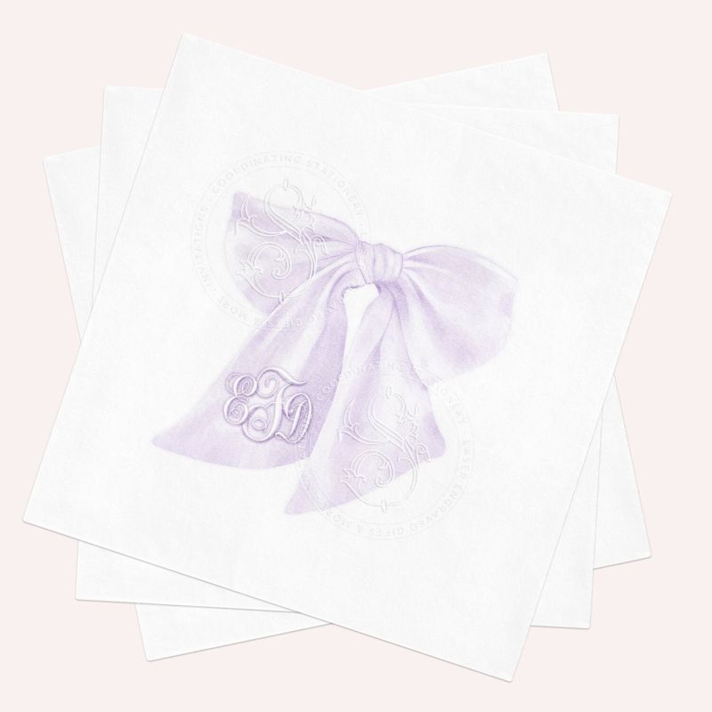 Purple Bow Cocktail Napkins Personalized for Baby Shower Sprinkle, Lilac Bow Paper Napkin, She's tying the knot, Preppy Bow bach party decor (100 Napkins (minimum order) | Cocktail - 4.75 inch square)
