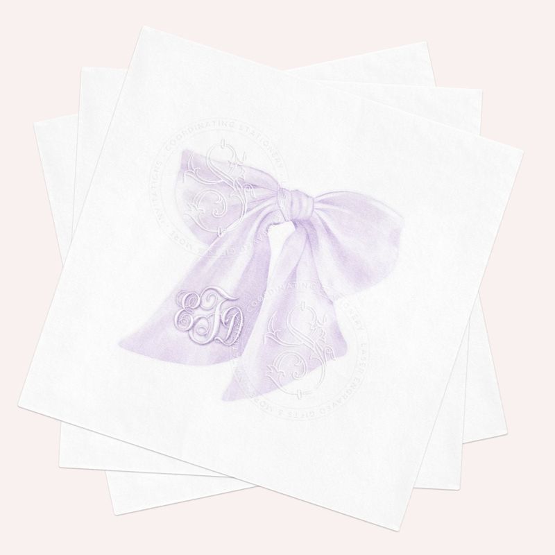 Purple Bow Cocktail Napkins Personalized for Baby Shower Sprinkle, Lilac Bow Paper Napkin, She's tying the knot, Preppy Bow bach party decor (100 Napkins (minimum order) | Cocktail - 4.75 inch square)
