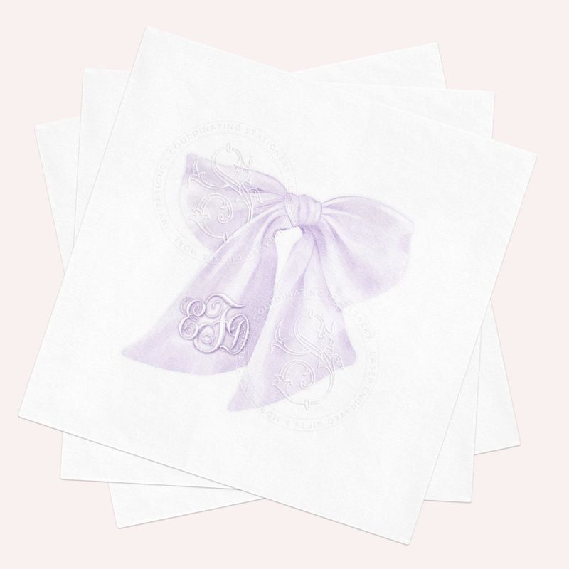 Purple Bow Cocktail Napkins Personalized for Baby Shower Sprinkle, Lilac Bow Paper Napkin, She's tying the knot, Preppy Bow bach party decor (100 Napkins (minimum order) | Cocktail - 4.75 inch square)