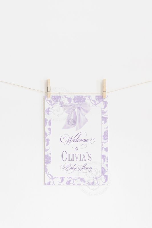 Printed Lilac Bow with Toile Chinoiserie Baby Shower Welcome Sign - 18 x 24" welcome poster - sip and see - baby sprinkle (18x24 inches | Poster)