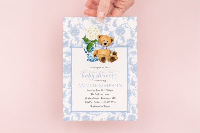Ginger Jar Baby Shower Invitations - Boy Teddy Bear Invites - It's a Boy - Little Cub Invites - Baby Boy - Blue Chinoiserie Hydrangea (10 printed invitations | Plain White Envelopes)