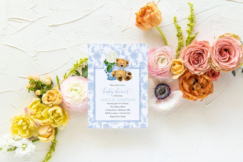 Ginger Jar Baby Shower Invitations - Boy Teddy Bear Invites - It's a Boy - Little Cub Invites - Baby Boy - Blue Chinoiserie Hydrangea (10 printed invitations | Plain White Envelopes)