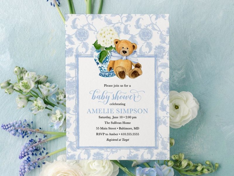 Ginger Jar Baby Shower Invitations - Boy Teddy Bear Invites - It's a Boy - Little Cub Invites - Baby Boy - Blue Chinoiserie Hydrangea (10 printed invitations | Plain White Envelopes)