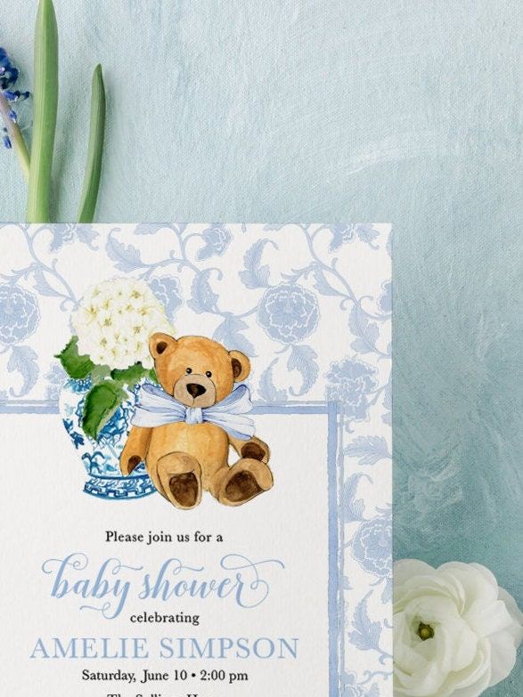Ginger Jar Baby Shower Invitations - Boy Teddy Bear Invites - It's a Boy - Little Cub Invites - Baby Boy - Blue Chinoiserie Hydrangea (10 printed invitations | Plain White Envelopes)