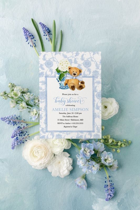 Ginger Jar Baby Shower Invitations - Boy Teddy Bear Invites - It's a Boy - Little Cub Invites - Baby Boy - Blue Chinoiserie Hydrangea (10 printed invitations | Plain White Envelopes)