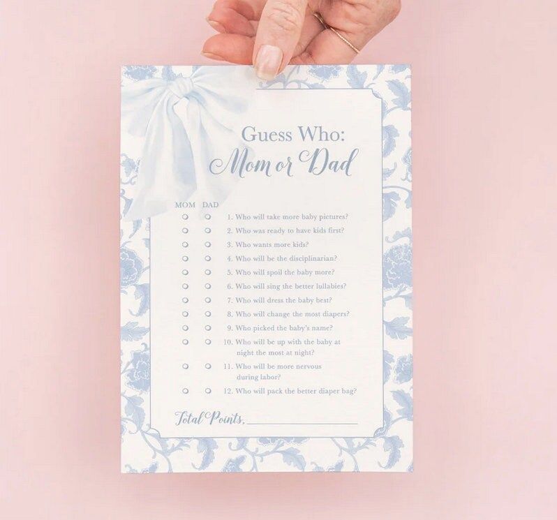 Guess Mom or Dad Baby Shower Game Printed 5x7" Game Cards - BLUE Heirloom Bow Chinoiserie (20 printed cards)
