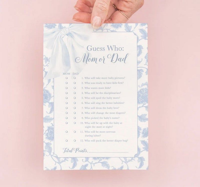 Guess Mom or Dad Baby Shower Game Printed 5x7" Game Cards - BLUE Heirloom Bow Chinoiserie (20 printed cards)