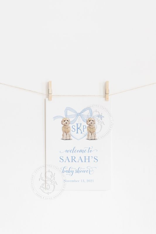 Watercolor Golden Doodle Welcome Sign, Preppy Baby Shower, Preppy Watercolor Sign, Boy Watercolor Crest with Dogs