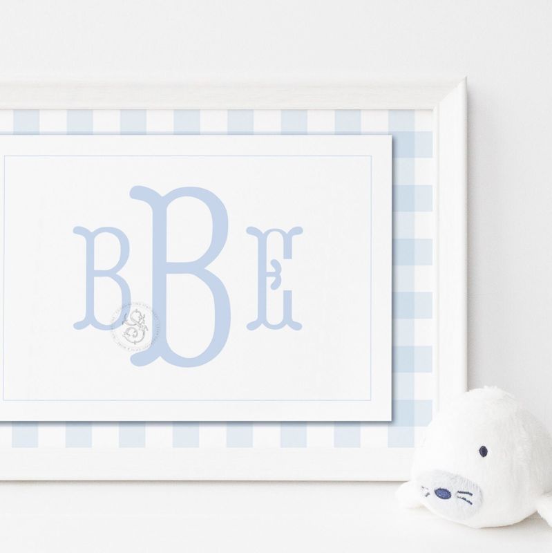 Nursery Monogram Boy Blue Gingham Wall Art - Printed Monogram Boy Room Decor - Baby Boy Nursery - Nursery Picture for Boy (5x7 inches | Landscape)