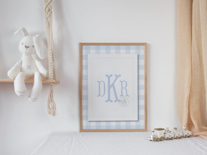 Nursery Monogram Boy Blue Gingham Wall Art - Printed Monogram Boy Room Decor - Baby Boy Nursery - Nursery Picture for Boy (5x7 inches | Landscape)