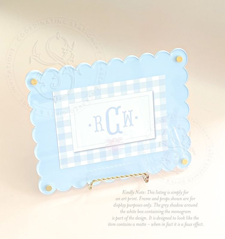 Nursery Monogram Boy Blue Gingham Wall Art - Printed Monogram Boy Room Decor - Baby Boy Nursery - Nursery Picture for Boy (5x7 inches | Landscape)