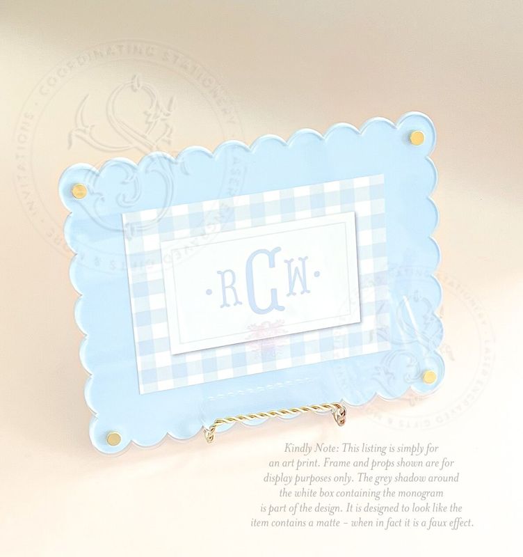 Nursery Monogram Boy Blue Gingham Wall Art - Printed Monogram Boy Room Decor - Baby Boy Nursery - Nursery Picture for Boy (5x7 inches | Landscape)