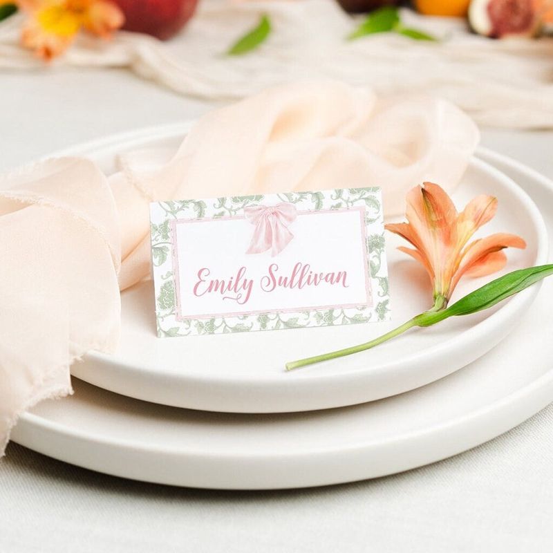 Printed Escort Cards for Pink Bow Baby Girl Shower - Pink and Sage Bow Ribbon Watercolor Place Cards - Personalized Seating Cards (10 escort cards)