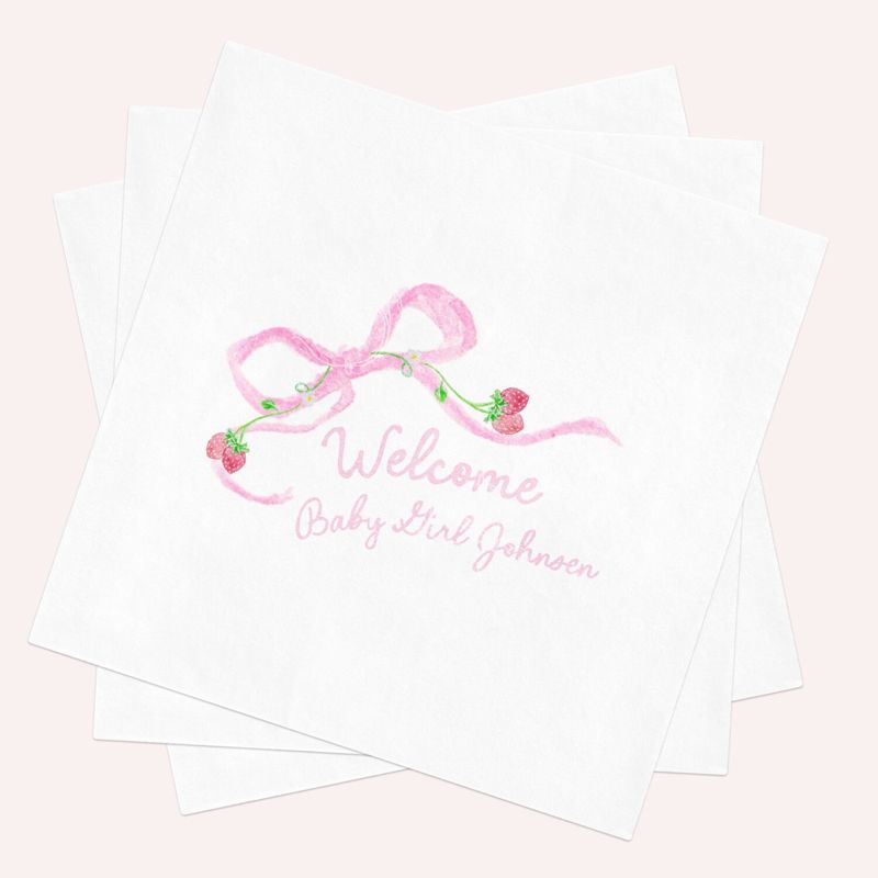 Personalized Baby Shower Napkins - Hand Drawn Pink Bow with Strawberries Paper Napkins - Cocktail Napkins (100 Napkins (minimum order), Cocktail - 4.75 inch square)