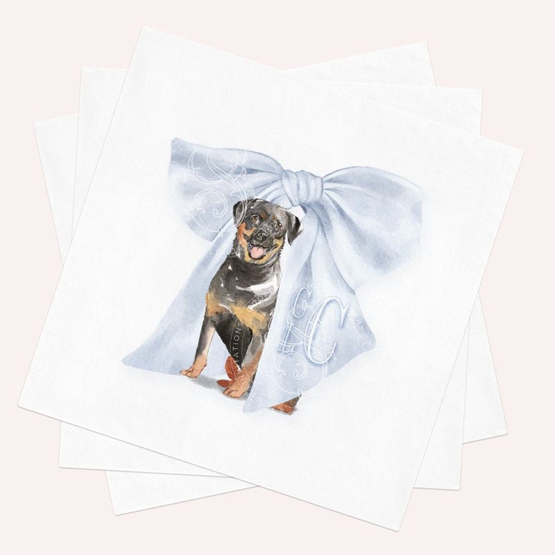 Rottweiler Printed Napkins for Baby Boy Shower - Custom Paper Napkin - Monogram Bow Cocktail Napkins for Baby Boy Sprinkle (100 Napkins (minimum order), Cocktail - 4.75 inch square)