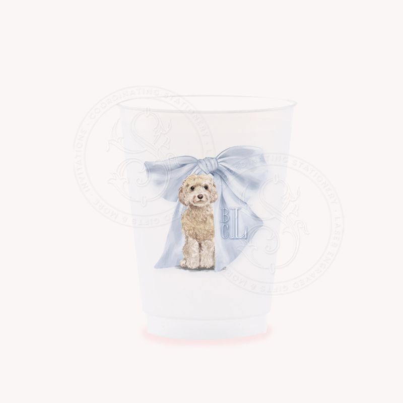 Party Cups with Golden Doodle Puppy Monogram Crest Blue Bow Baby Boy Shower Sprinkle Cups, 1st Birthday Party, Fancy Tea Party, Boy Birthday (25 cups (minimum))