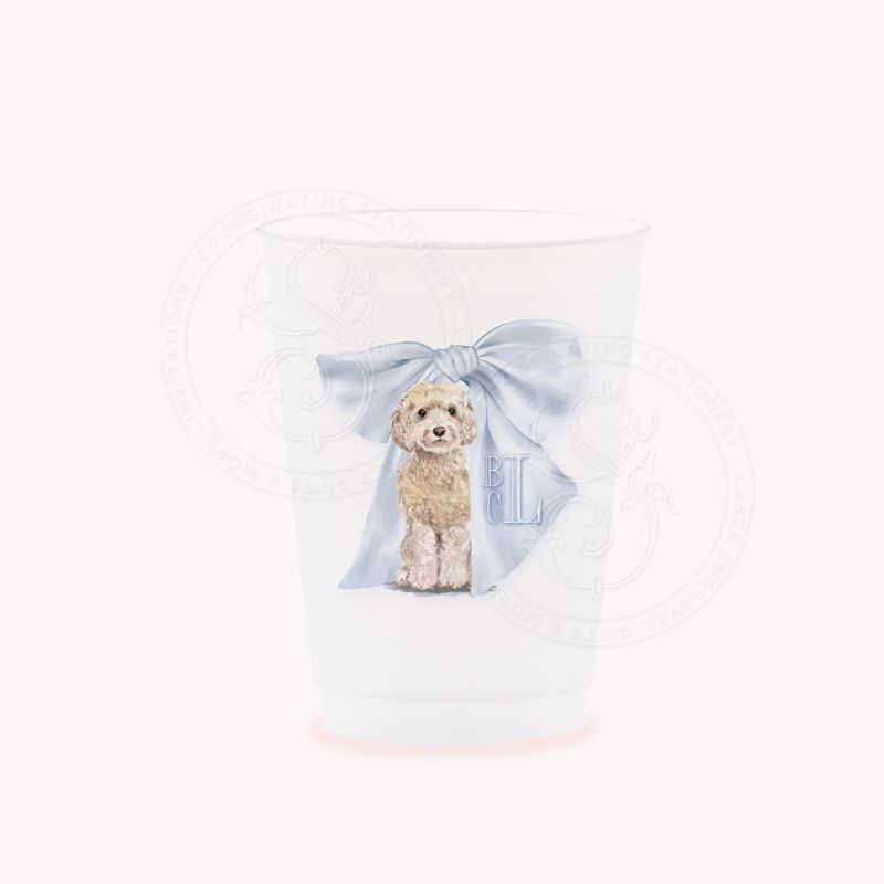 Party Cups with Golden Doodle Puppy Monogram Crest Blue Bow Baby Boy Shower Sprinkle Cups, 1st Birthday Party, Fancy Tea Party, Boy Birthday (25 cups (minimum))