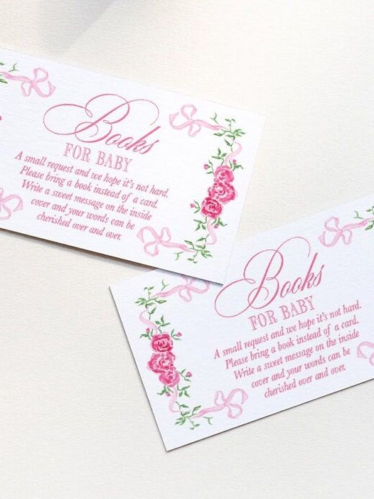 Books for Baby Insert Cards for Girl Baby Shower Printed - Pink Flowers and Bows (20 printed cards)