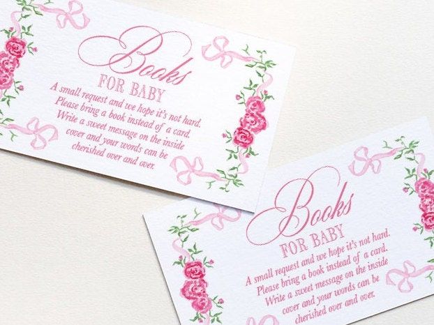 Books for Baby Insert Cards for Girl Baby Shower Printed - Pink Flowers and Bows (20 printed cards)