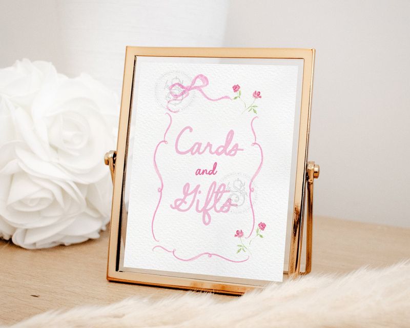 Hand drawn Cards and Gifts Sign for Baby Girl Shower Printable with Pink Bow and flowers - Printable 8x10