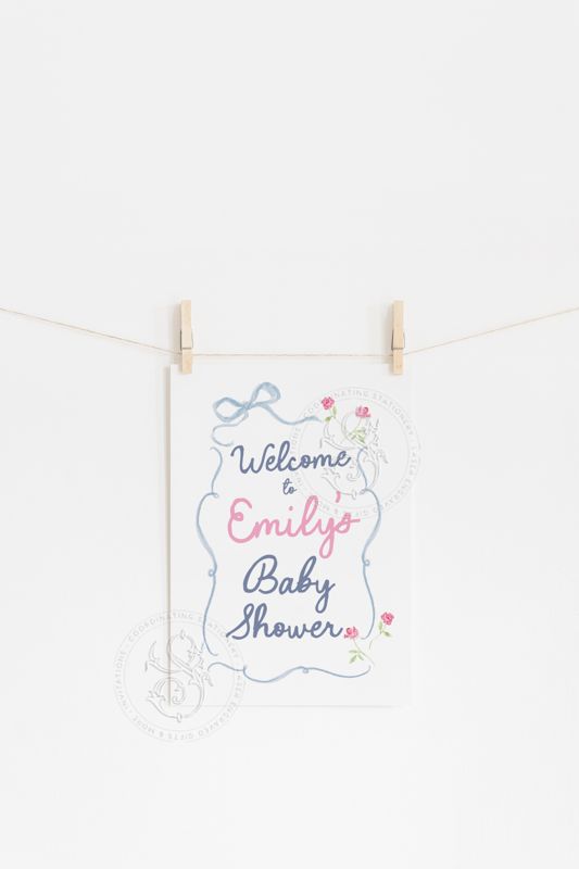 Hand Drawn Gender Neutral Shower Welcome Sign Printable 18x24 - Coquette Bows and Babes, Baby Boy Sprinkle Blue and Pink