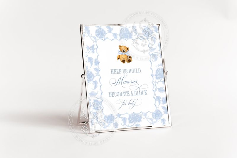 Printable Decorate a block sign - Printable 8x10 - Teddy Bear Baby Boy Shower or Sprinkle