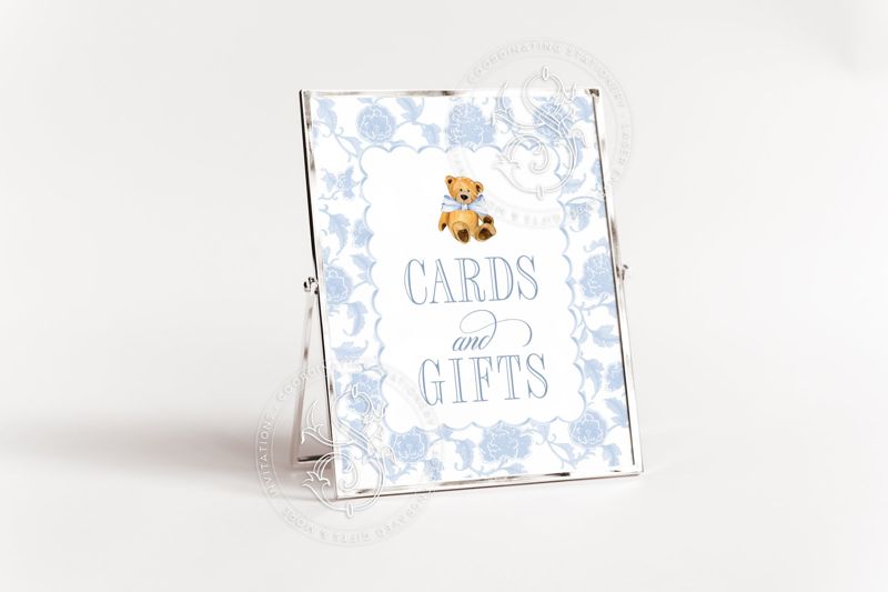 Printable Cards and Gifts Sign for Teddy Bear Boy Baby Shower or Sprinkle - Printable 8x10 - Toile Chinoiserie