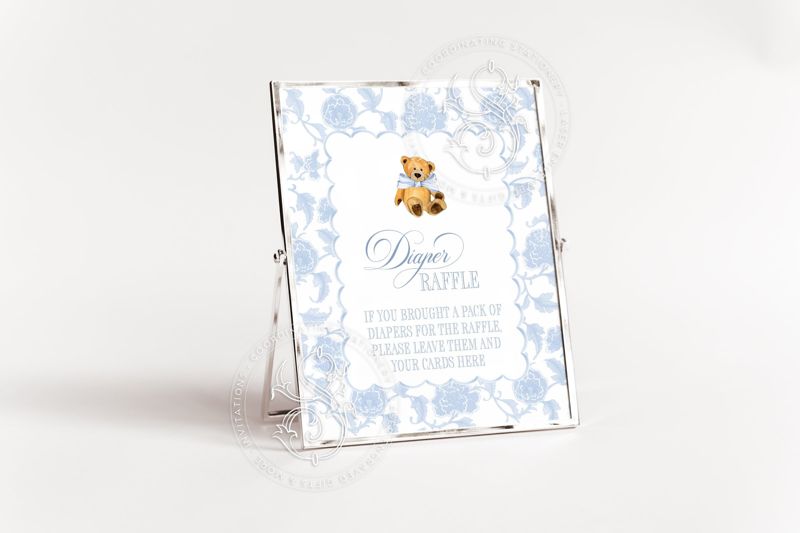 Printable Teddy Bear Toile Diaper Raffle Sign for Boy Baby Shower - Printable 8x10 - Boy Baby Sprinkle Blue