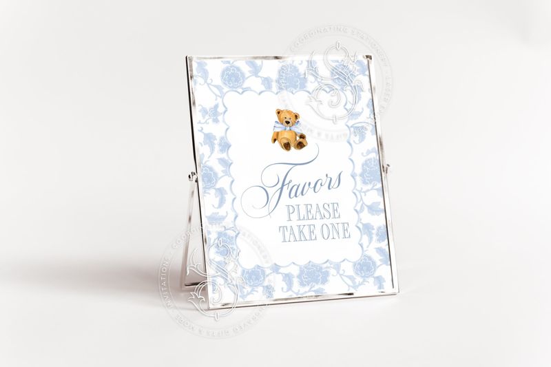 Favors Sign for Teddy Bear Chinoiserie Baby Boy Shower Printable 8x10 - Blue and white baby boy sprinkle