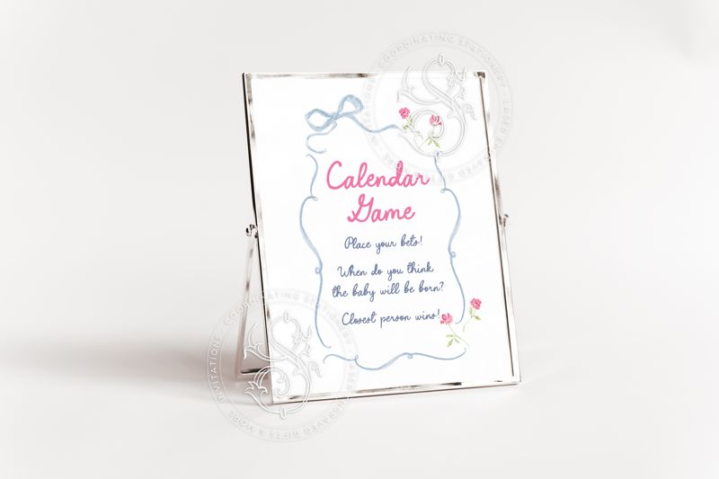 Hand drawn Calendar Game Sign for Gender Neutral Baby Shower Printable - Printable 8x10 - Baby Girl Sprinkle