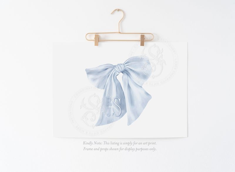 Monogram Blue Bow Wall Art for Nursery - Printed Fancy Blue Bow Monogram - college dorm Room Decor - Baby Boy Grandmillenial Girls Room (5x7 inches, Landscape)