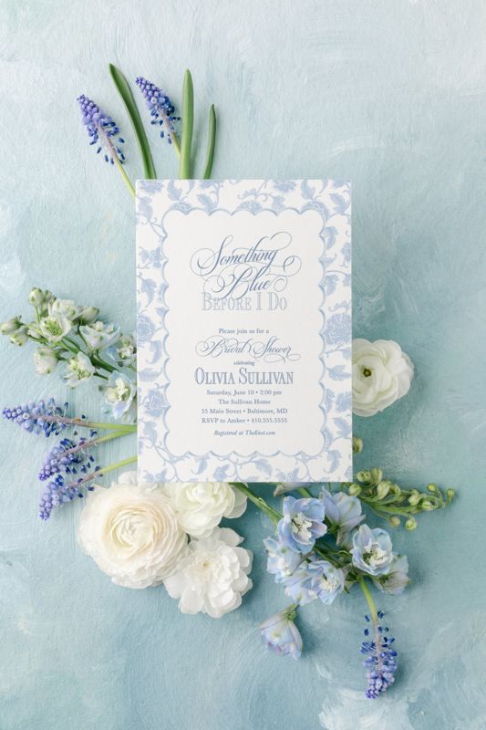 Something Blue Before I Do Bridal Shower Invitations - Bridal Tea - Bridal Luncheon, Bridesmaids Lunch Blue Toile Chinoiserie Printed (10 printed invitations | Plain White Envelopes)