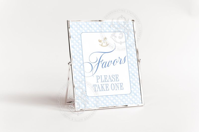 Favors Sign for Rocking Horse Baby Boy Shower Printable 8x10 - Blue and white baby boy sprinkle