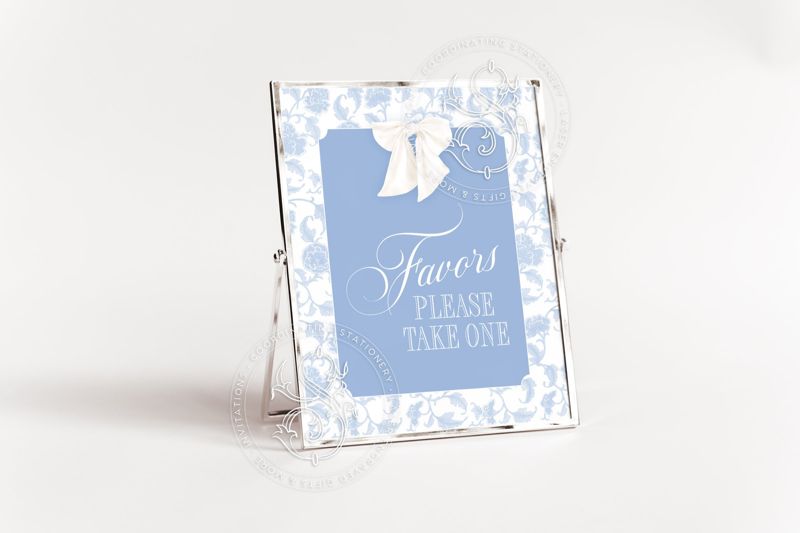 Favors Sign for Blue Toile Baby Boy Shower Printable 8x10 - Blue and white baby boy sprinkle