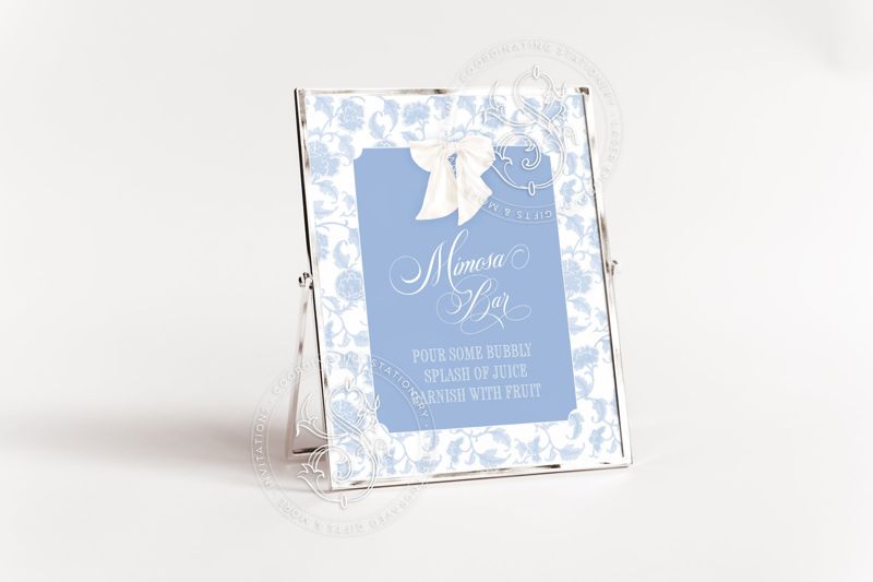 Mimosa Bar Sign for Baby Boy Shower Printable - Printable 8x10 - Blue Toile and white bow Baby Sprinkle