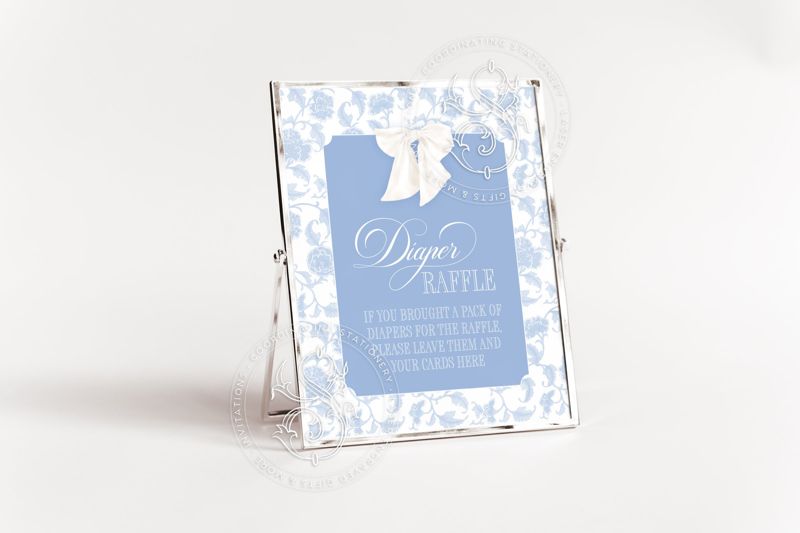 Printable Diaper Raffle Sign for Baby Boy Shower - Printable 8x10 - Blue and White Toile Bow Baby Boy Sprinkle