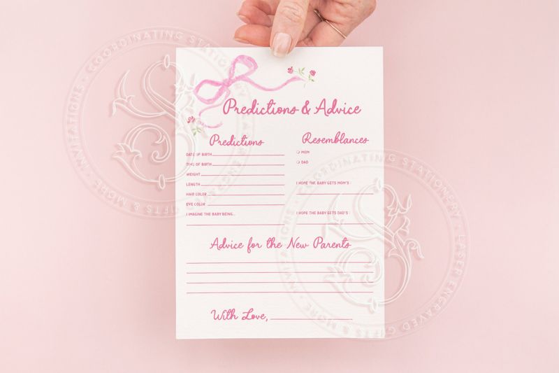 Predictions and Advice Baby Girl Shower Game - Hand drawn Pink Bow - Pink Bow Party Baby Sprinkle - Printed Game Cards (20 printed cards)
