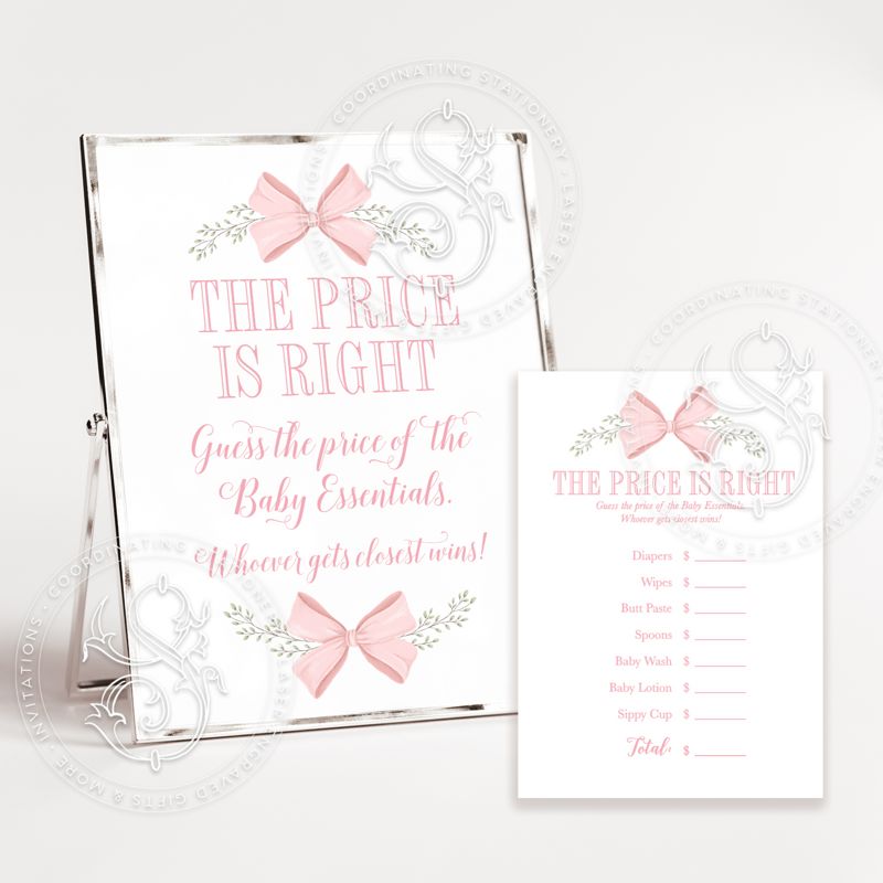 INSTANT DOWNLOAD - The Price is Right Baby Shower Game with Pink Heirloom Bow Wreath - Girl Baby Shower