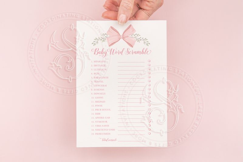 INSTANT DOWNLOAD - Baby Shower Word Scramble Game with Pink Bow Wreath - Girl Baby Shower - Fancy Pink Bow