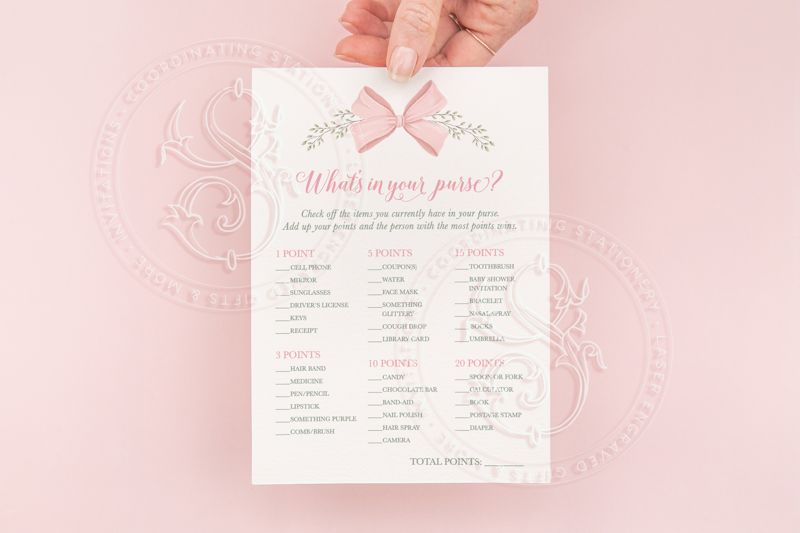 Baby Girl Shower What's in Your Purse Game PRINTABLE with pink bow wreath