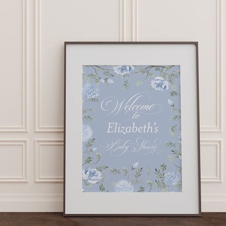 Baby Boy Shower Welcome Sign Printed - Blue and White Floral - Classic Baby Boy Sprinkle Signage - Printed 18x24" Welcome Poster (18x24")