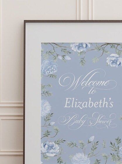 Baby Boy Shower Welcome Sign Printed - Blue and White Floral - Classic Baby Boy Sprinkle Signage - Printed 18x24" Welcome Poster (18x24")